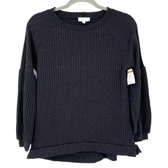 Status By Chenault Black Rib Knit Crewneck Lantern Sleeve Soft Top NWT Women XS - Picture 1 of 7